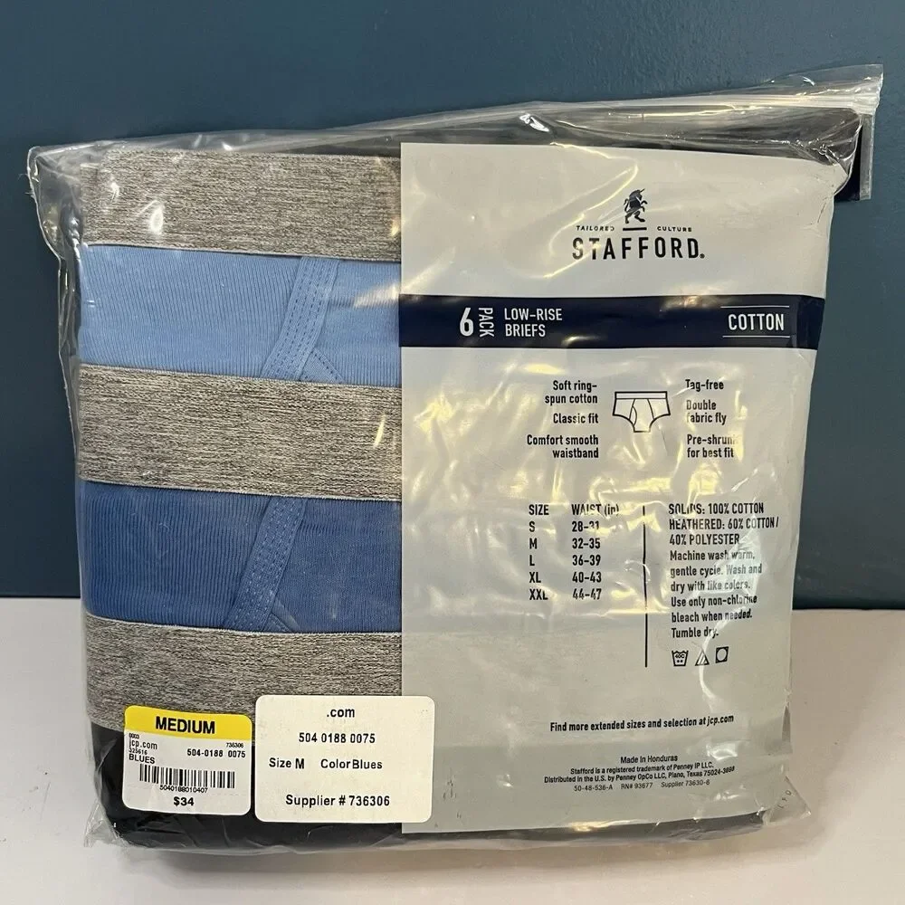 Stafford Low-Rise Briefs Men 6-pack Cotton Men's Underwear Sz Medium Blues NWT